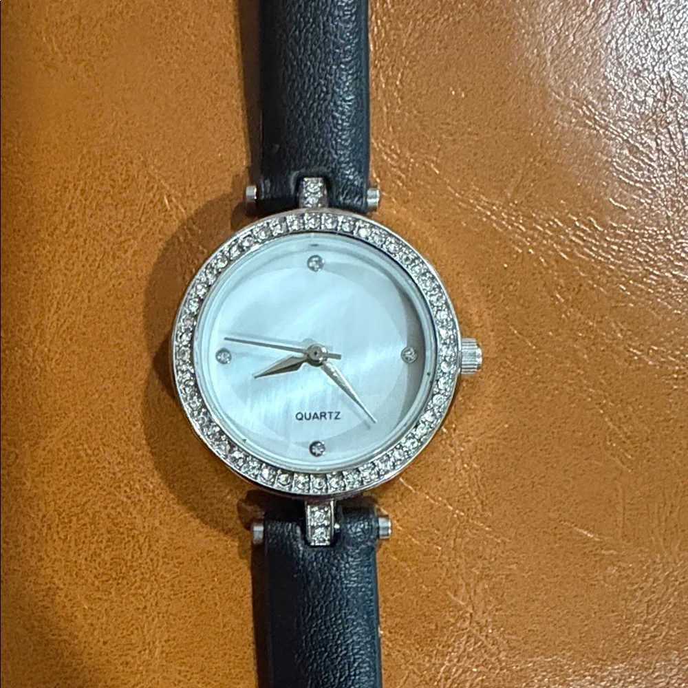 Quartz Watch with Black Strap and Crystal Accents